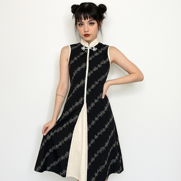 WARDROBE Black Embroidered Sleeveless Cheongsam Dress Vintage Lolita - Picture 1 of 10